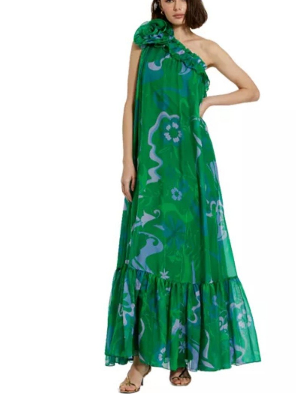 Mac Duggal Printed One Shoulder Rose Chiffon Ruffle Gown Dress Women's Size 8